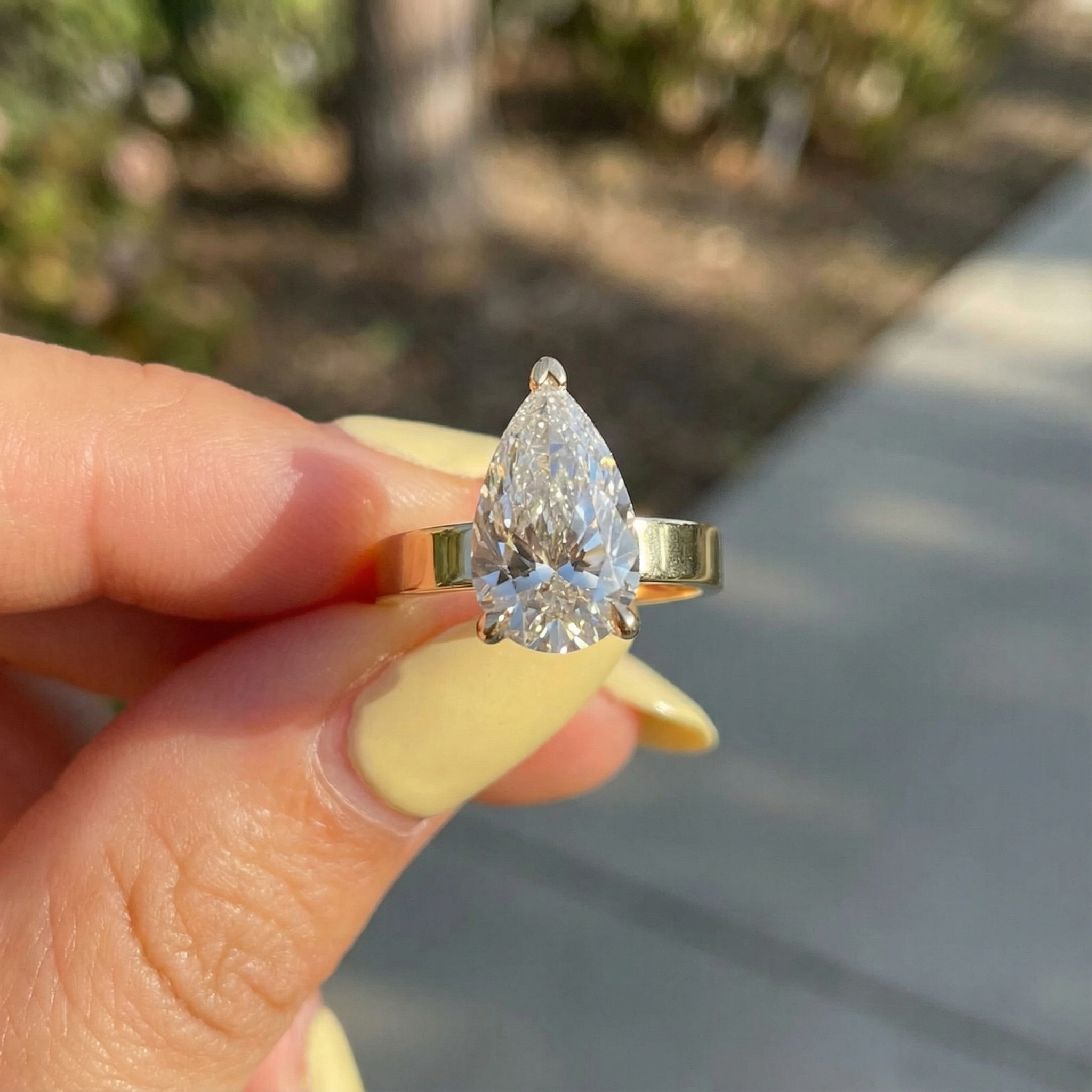 Thick Band Pear Cut Lab-Grown Diamond Ring with Hidden Halo