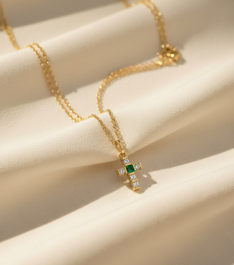 Emerald & Diamond Cross Pendant Necklace