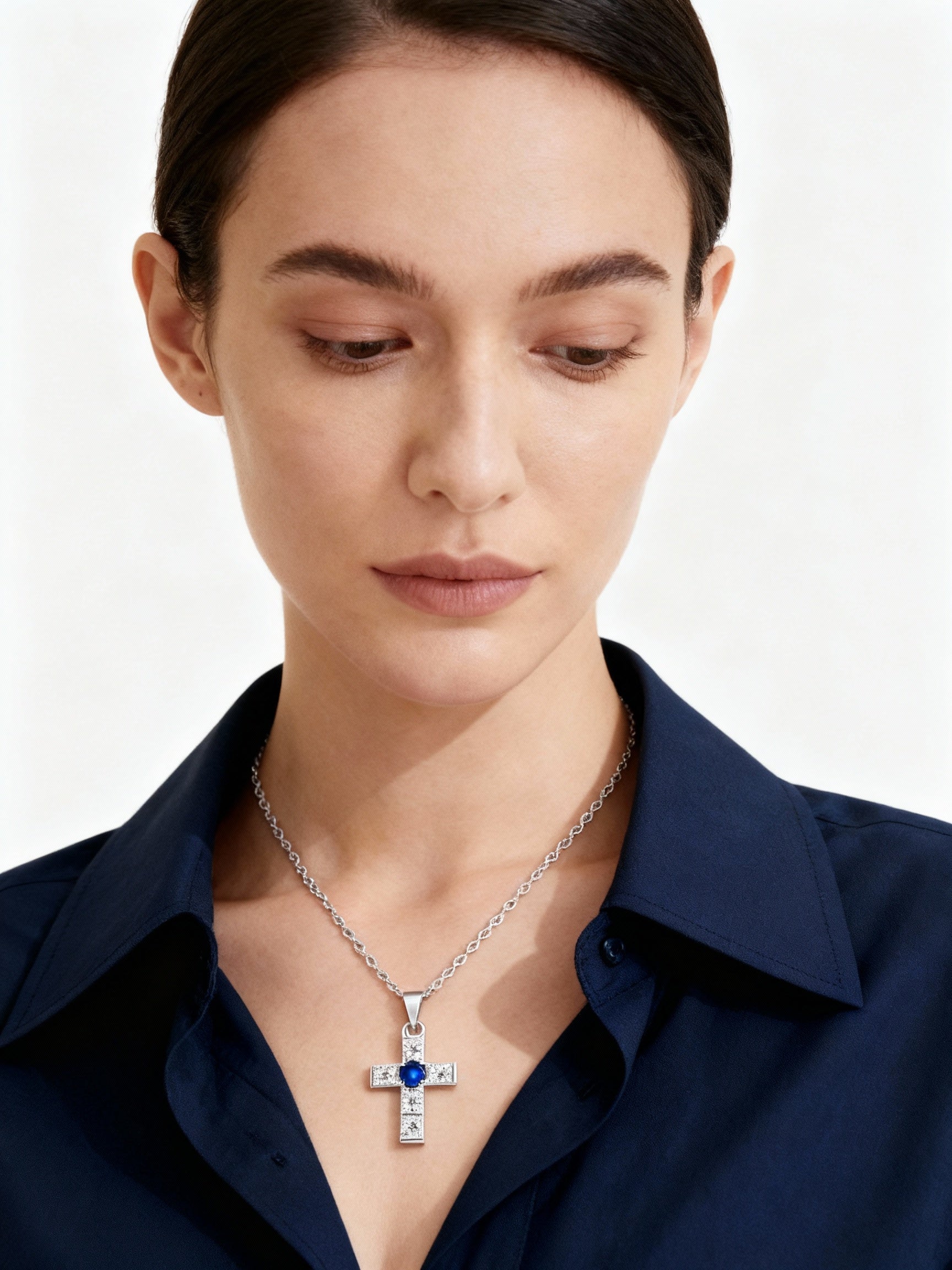 Sapphire & Diamond Cross Pendant Necklace