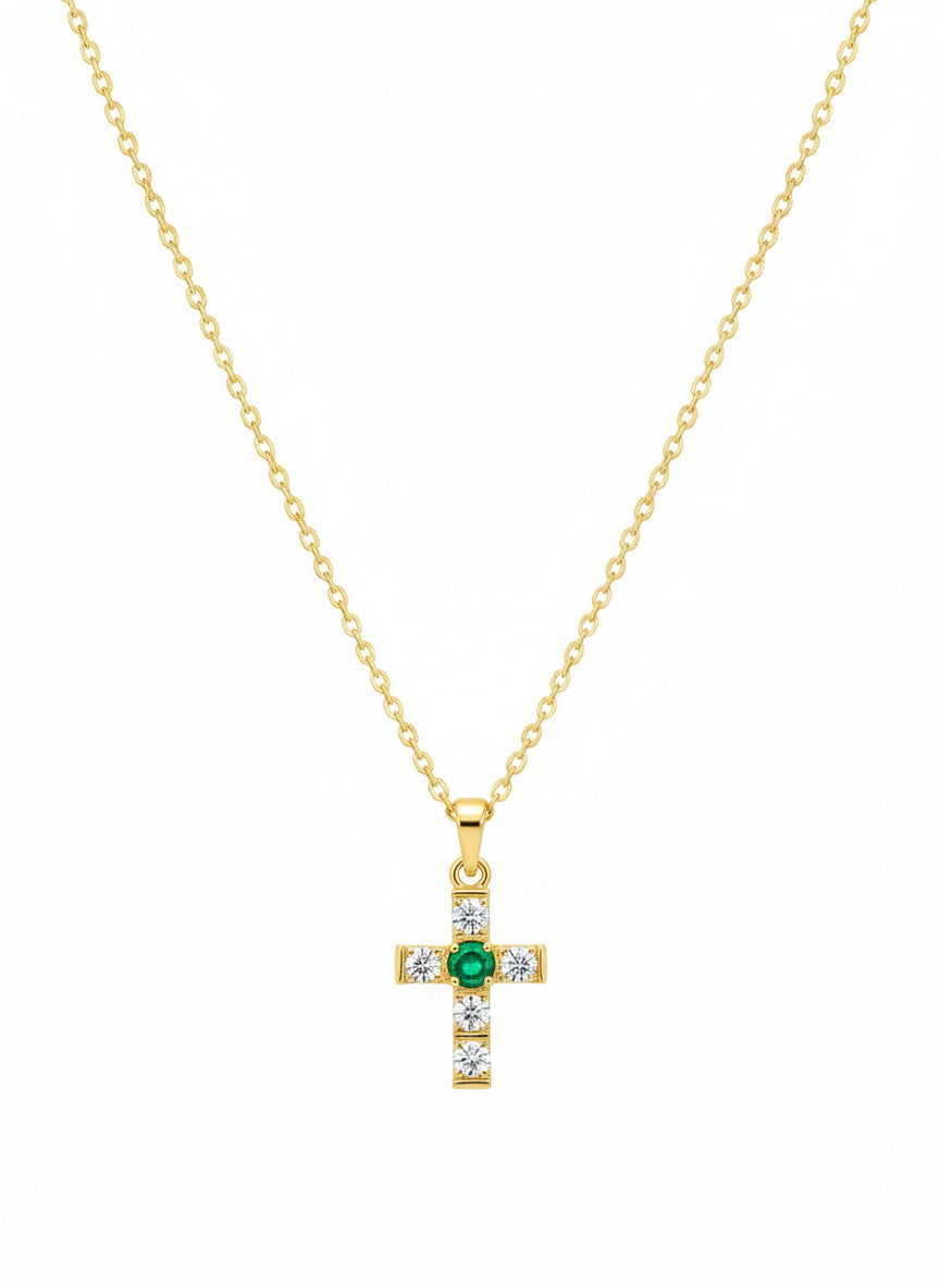 Emerald & Diamond Cross Pendant Necklace