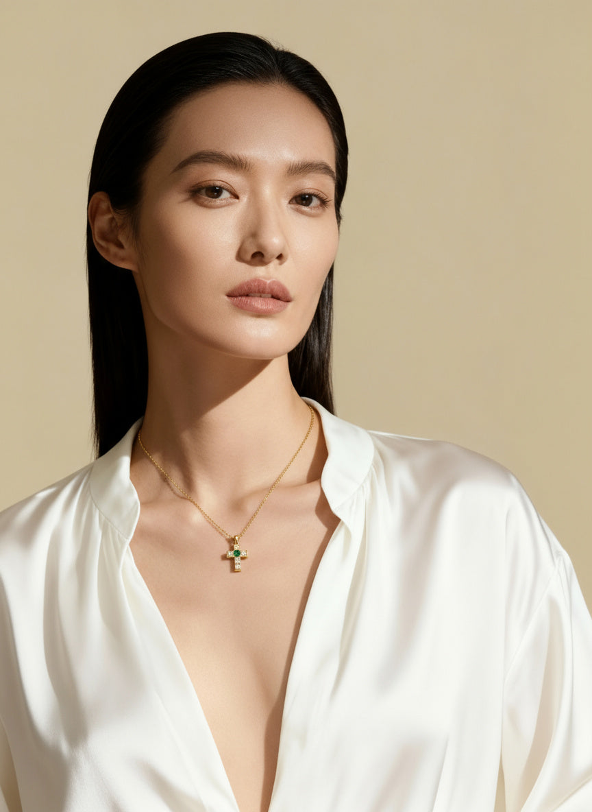 Emerald & Diamond Cross Pendant Necklace